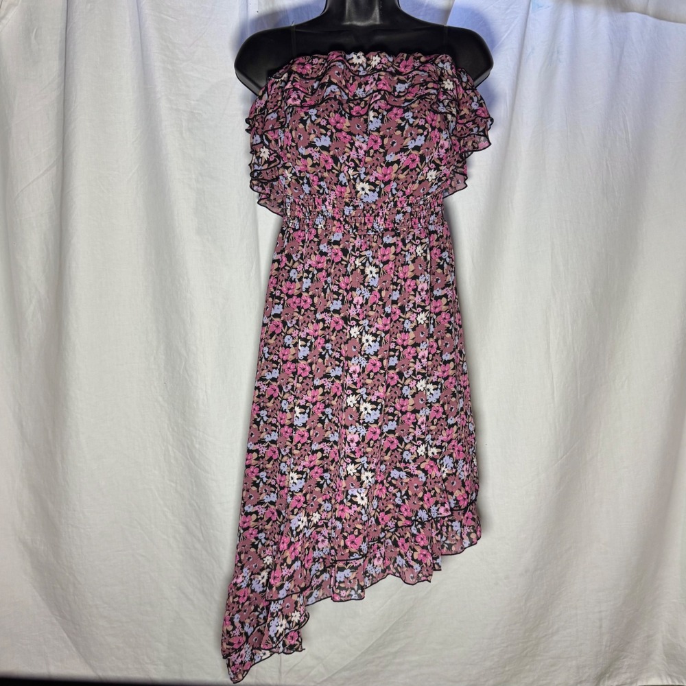 Floral Strapless Asymmetrical High‎ Low Ruffle Dress Pink Emerald Sundae Large